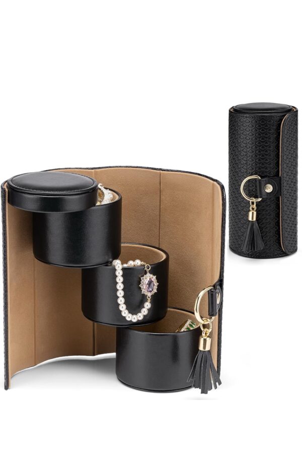 Jewellery Box Travel Accessory Storage Organizer Roll Small Faux Leather Travel Jewellery Box Organizer Display Storage Case for Rings, Earring, Necklaces - Image 4