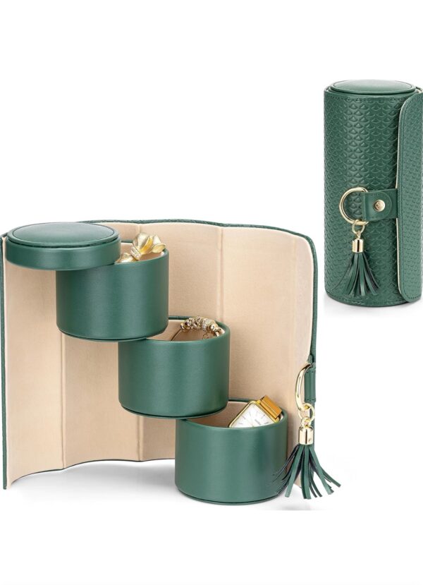 Jewellery Box Travel Accessory Storage Organizer Roll Small Faux Leather Travel Jewellery Box Organizer Display Storage Case for Rings, Earring, Necklaces - Image 3