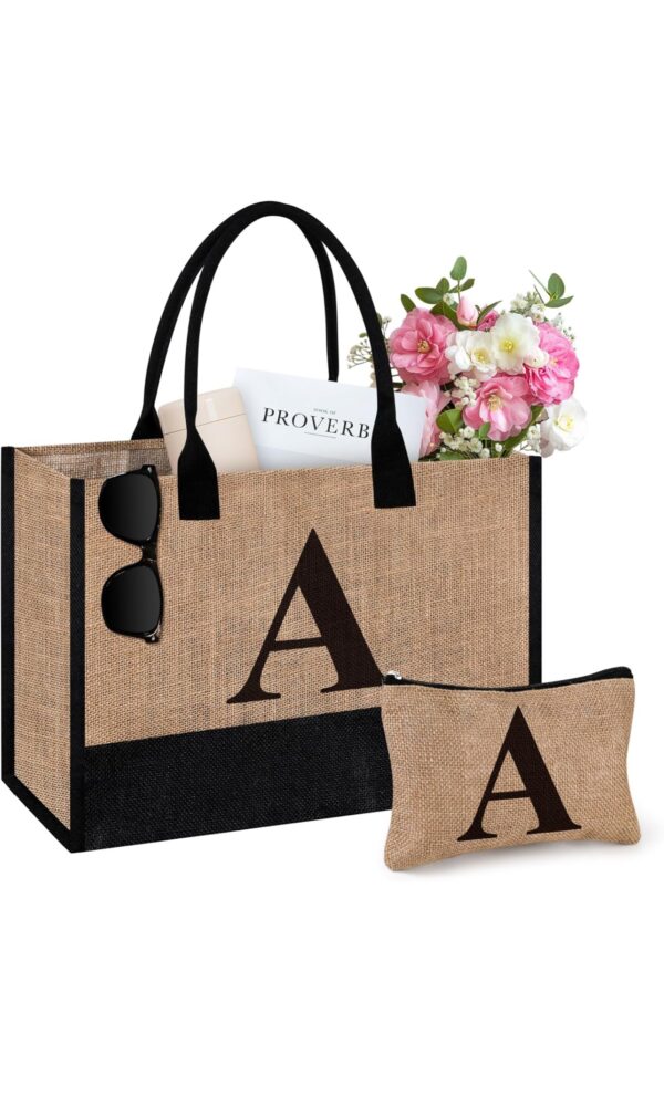 2pc Initial Jute Tote Bag & Makeup Bag