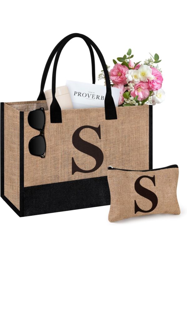 2pc Initial Jute Tote Bag & Makeup Bag - Image 3