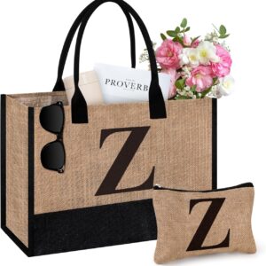 2pc Initial Jute Tote Bag & Makeup Bag