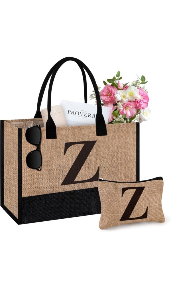 2pc Initial Jute Tote Bag & Makeup Bag - Image 2